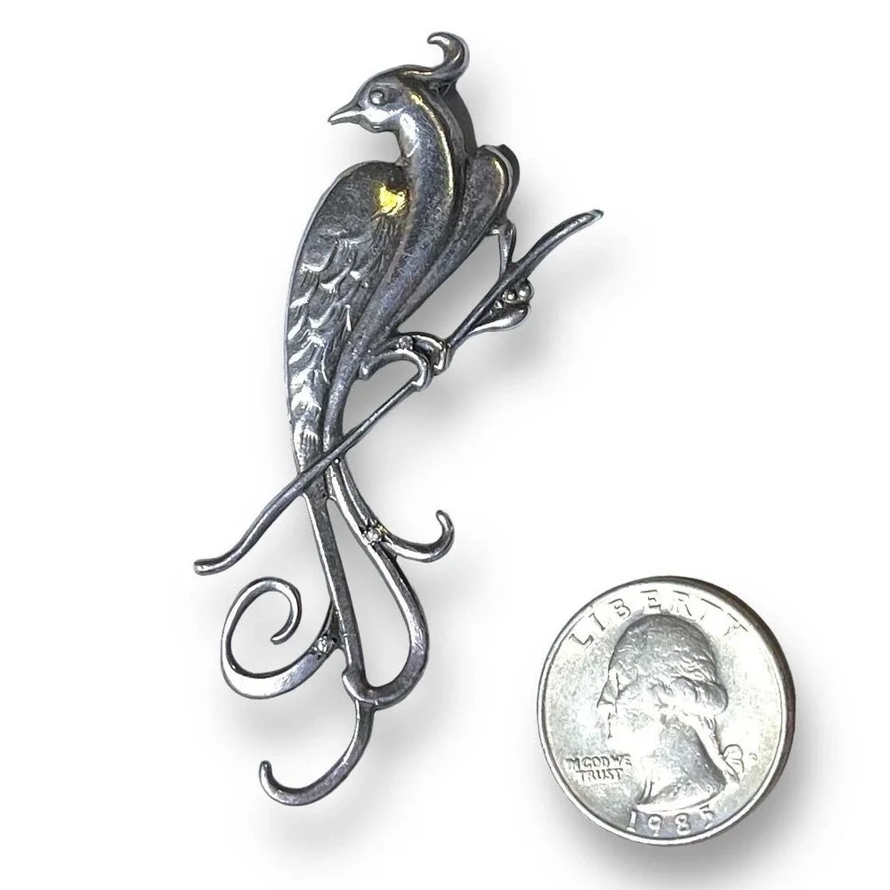 Vintage Bird of Paradise Brooch 925 Silver with Rhinestones